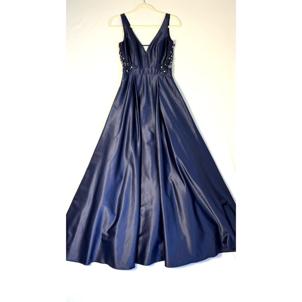 1020 Size 3 navy City Studio satin a line gown with floral cut outs v neck